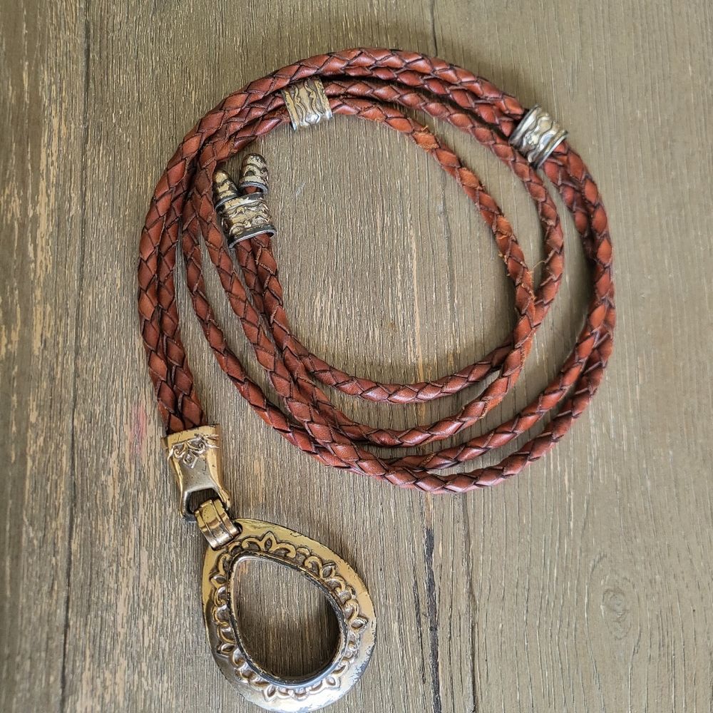 Vintage 90s Belt Leather Braided Tie Ornate Silver Buckle Brown 49'L Lasso